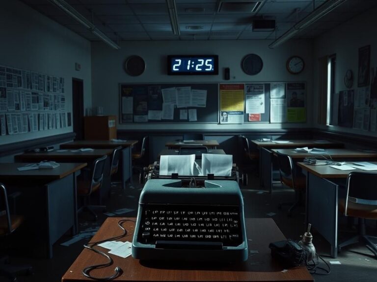 Flick International Empty newsroom with desolate atmosphere and abandoned typewriter
