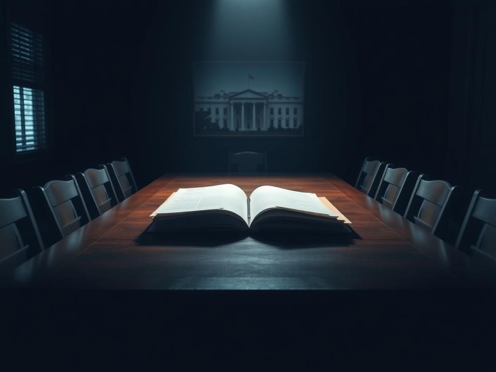 Flick International A dimly lit room featuring a polished wooden table and an opened folder, representing the seriousness of the Biden cover-up investigation.