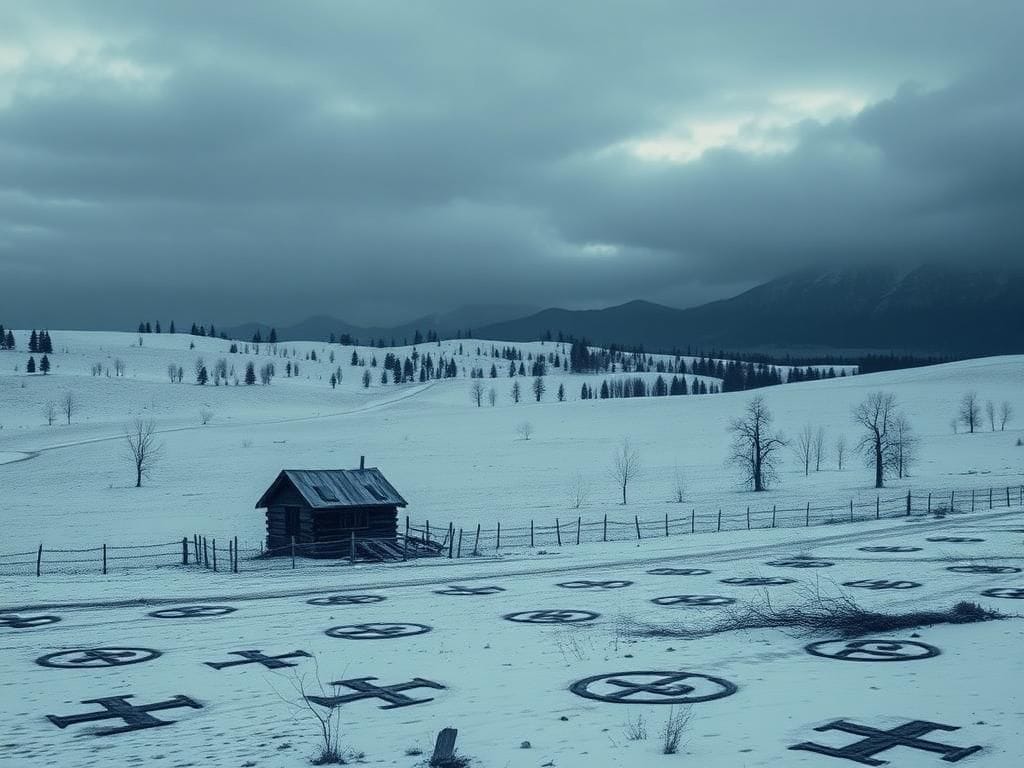 Flick International Isolated wooden shack in a desolate Siberian landscape under an overcast sky