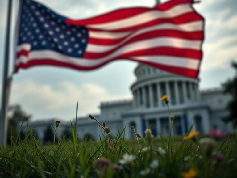 Flick International Close-up of an American flag waving in front of a government building silhouette