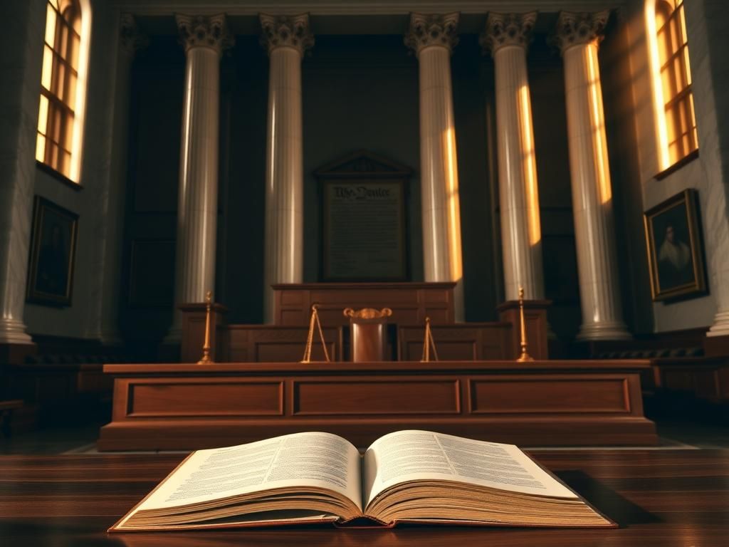 Flick International Dramatic courtroom scene showcasing the grandeur of the Supreme Court with polished wooden bench and marble columns