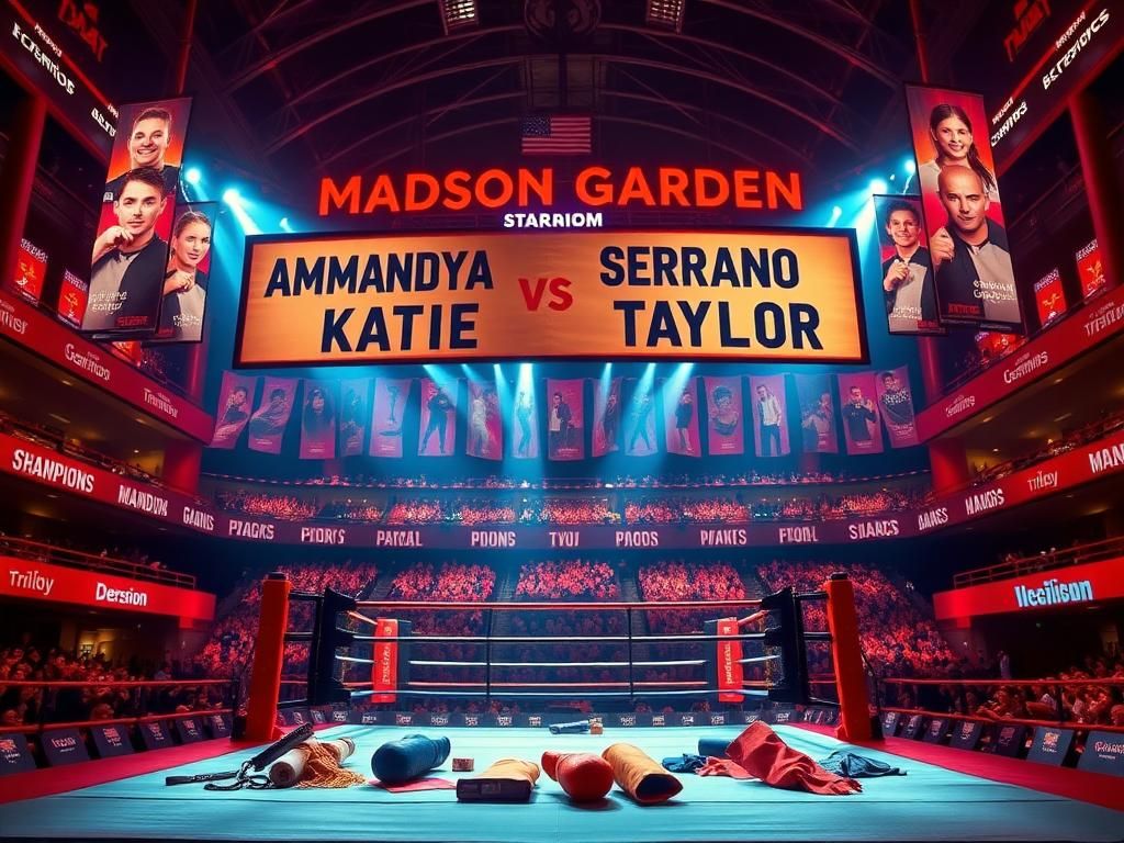 Flick International Dynamic scene of Madison Square Garden lit up, showcasing the boxing ring and vibrant atmosphere for the Taylor vs. Serrano bout.