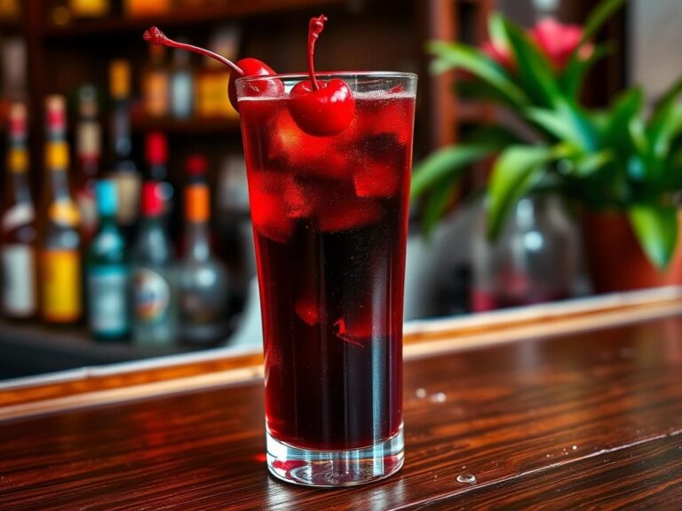 Flick International A vibrant close-up of a kalimotxo drink made with red wine, Diet Coke, and cherries