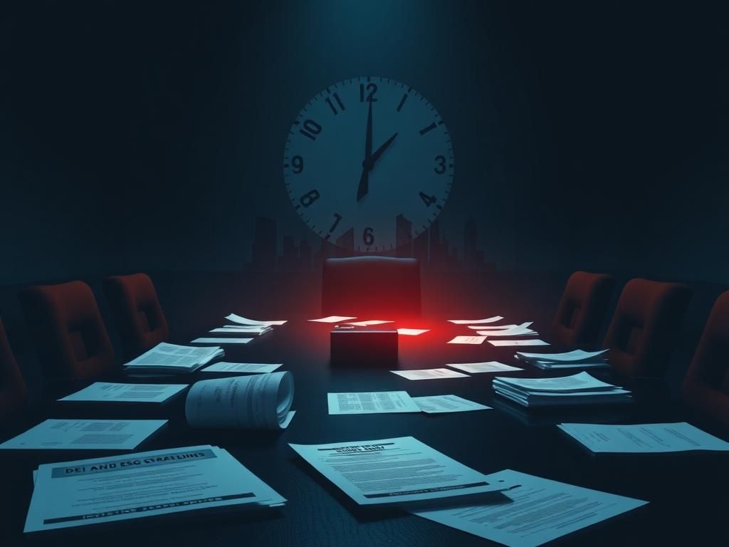 Flick International Shadowy corporate boardroom filled with documents and proxy voting ballots