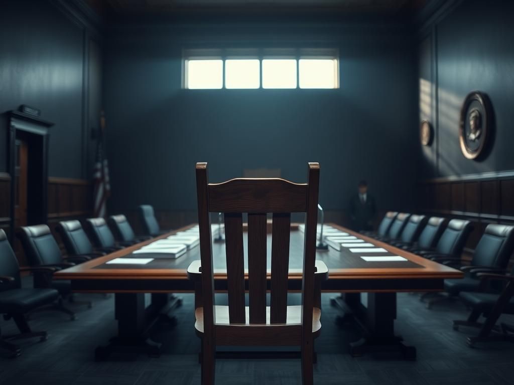 Flick International Empty wooden witness chair in a congressional hearing room