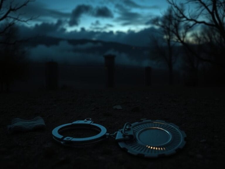 Flick International Dark landscape of the Ozark Mountains with handcuffs and remnants of a makeshift prison uniform symbolizing an escape.