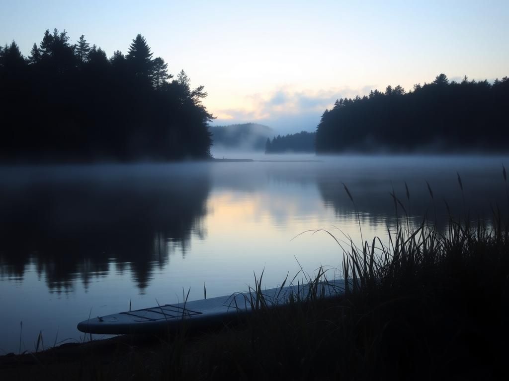 Flick International A serene view of Crawford Pond at dawn with mist and an abandoned paddleboard