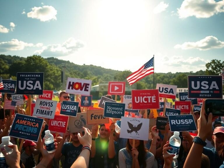 Flick International Vibrant outdoor scene of an American political rally with diverse signs and patriotic motifs in Pennsylvania