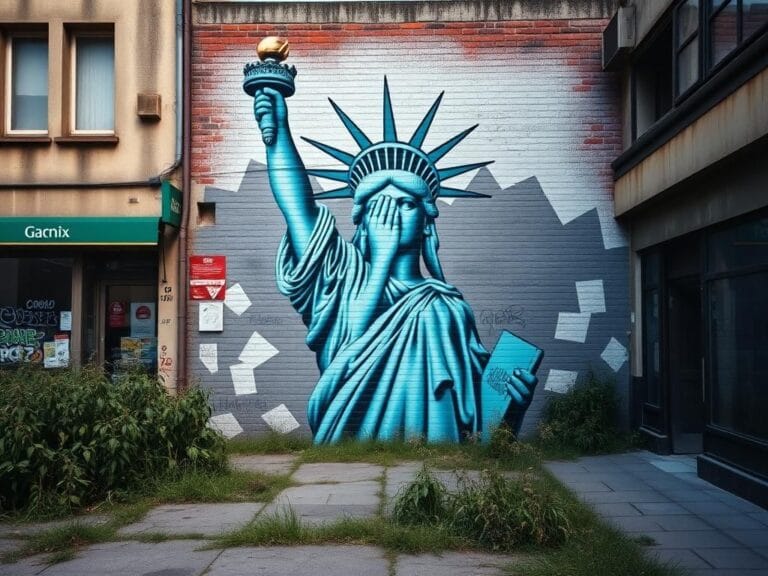 Flick International Mural of the Statue of Liberty with hands covering her face, symbolizing silent protest in Roubaix, France.