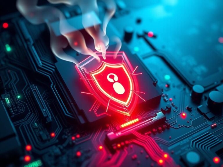 Flick International Digital illustration of a futuristic computer motherboard with glowing circuits depicting a Secure Boot process breaking under attack.