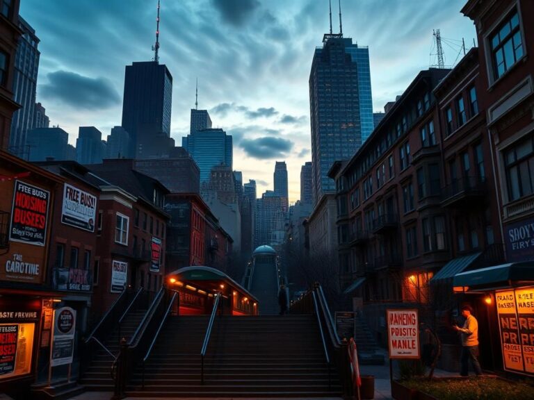 Flick International Dynamic cityscape of New York City at dusk featuring skyscrapers, brownstones, and vibrant political posters advocating for socialist policies.