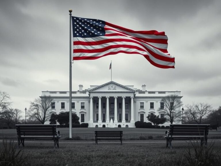 Flick International A government building reminiscent of the White House under an overcast sky with an American flag in the foreground