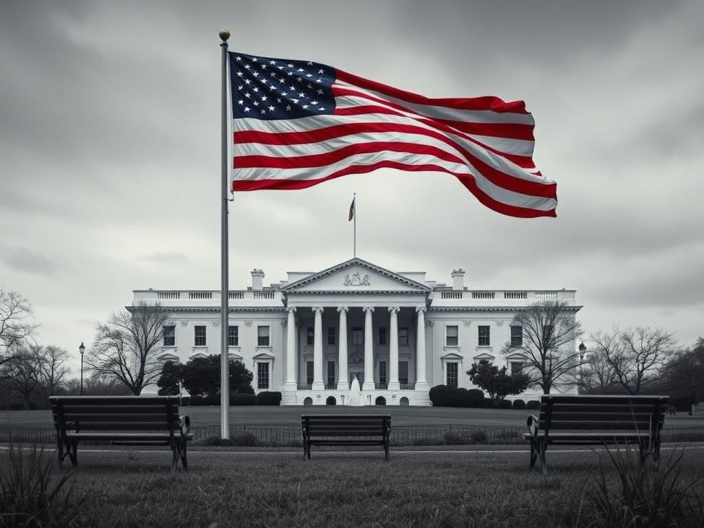 Flick International A government building reminiscent of the White House under an overcast sky with an American flag in the foreground
