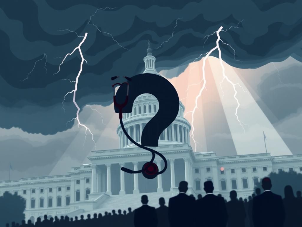 Flick International Illustration of a grand capitol building under a stormy sky with a stethoscope and question mark symbolizing investigation into Biden's health