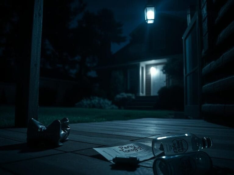 Flick International Dimly lit house in a suburban neighborhood with empty beer cans on a wooden porch, evoking a sense of mystery and tension.