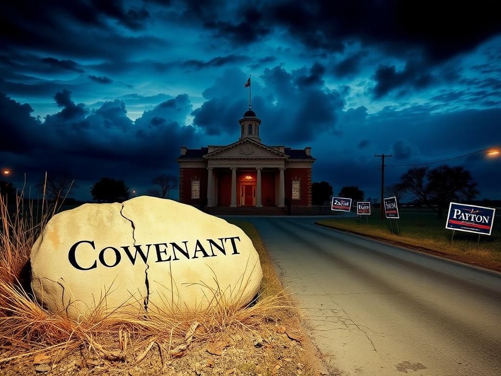 Flick International A somber Texas landscape at dusk featuring a weathered courthouse and a cracked stone inscribed with 'Covenant'