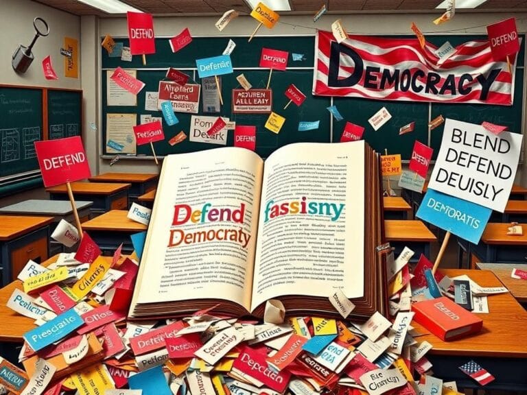 Flick International A vibrant digital collage representing education and politics with a focus on misspelled 'fascism' in a classroom setting