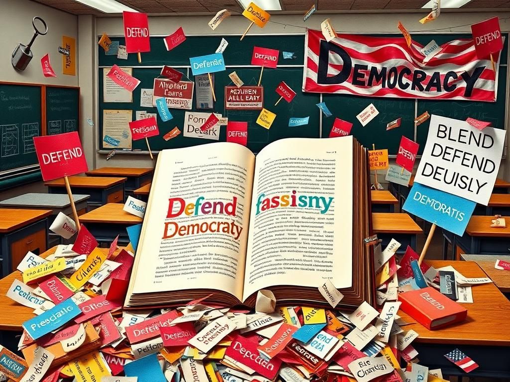 Flick International A vibrant digital collage representing education and politics with a focus on misspelled 'fascism' in a classroom setting