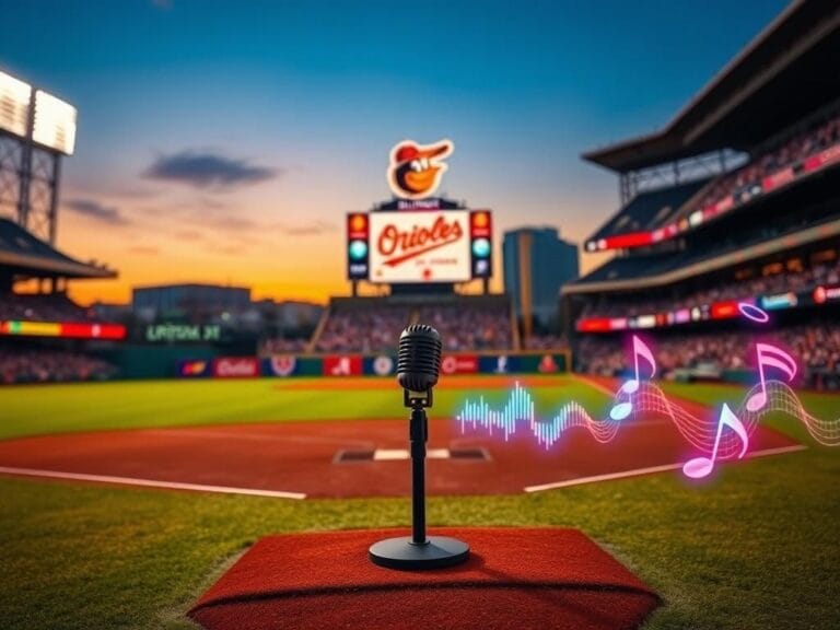 Flick International A vibrant baseball stadium scene with the Orioles logo and an empty microphone on the pitcher's mound