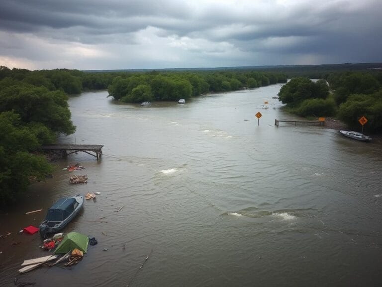 Flick International A flooded Guadalupe River in Kerrville, Texas, displaying debris and submerged belongings after flash floods.
