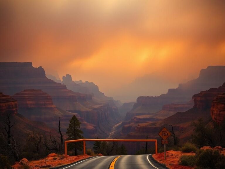 Flick International A dramatic landscape view of the North Rim of the Grand Canyon affected by the White Sage Fire, featuring charred trees and a smoky sky.