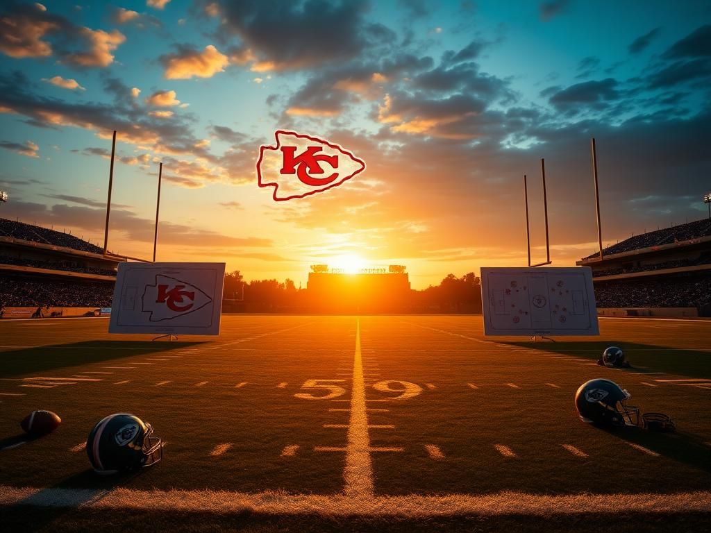 Flick International Dramatic football field under evening sky with vibrant sunset