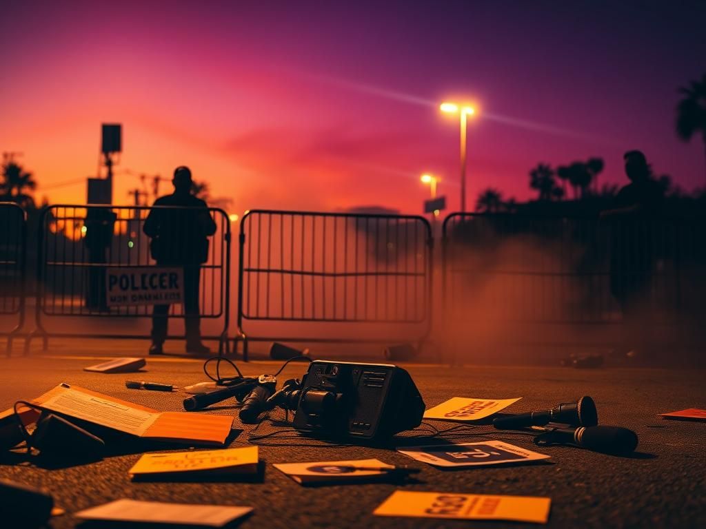 Flick International Urban landscape of Los Angeles at twilight with police barriers and protest remnants
