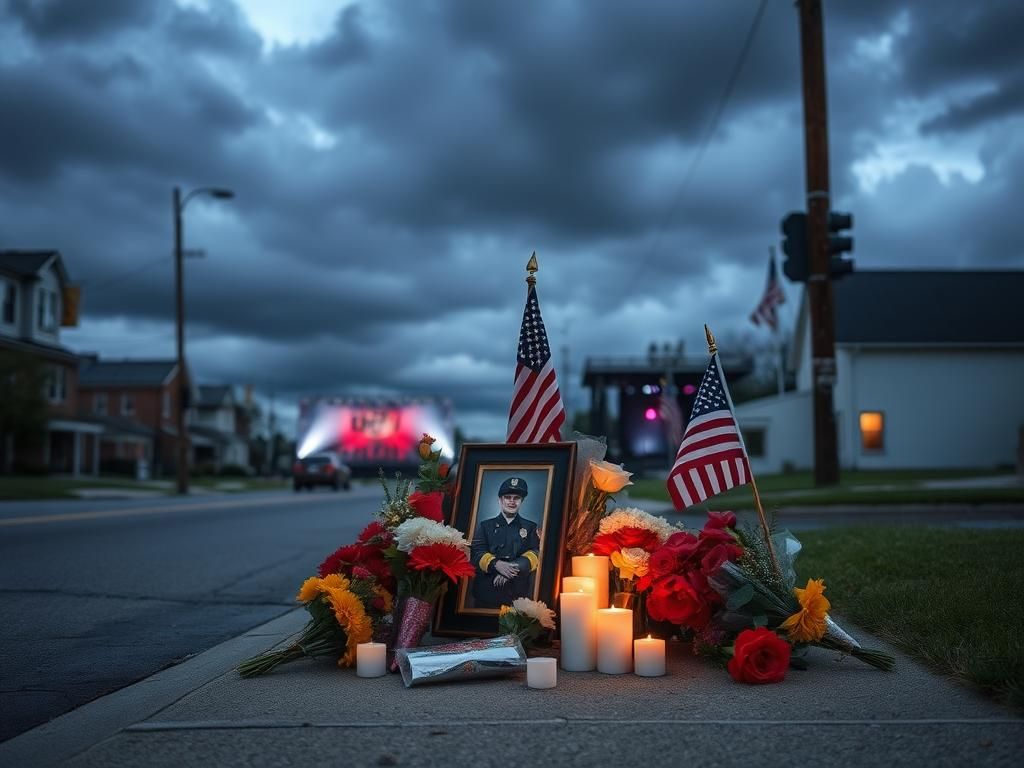 Flick International Somber memorial scene in Butler, Pennsylvania, commemorating shooting victims with flowers and candles.