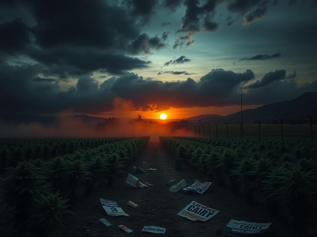 Flick International A dramatic landscape of a California marijuana farm at dusk with visible tension from a recent clash between ICE and rioters.