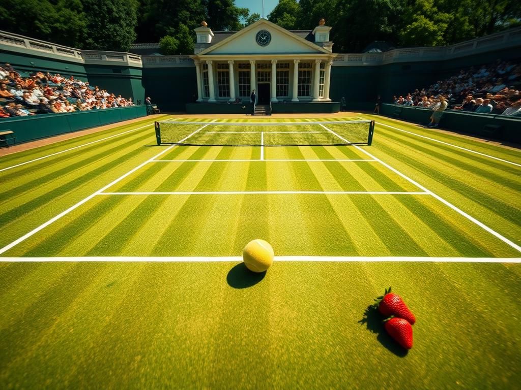Flick International Aerial view of Wimbledon tennis court with vibrant green grass and iconic All England Club in the background