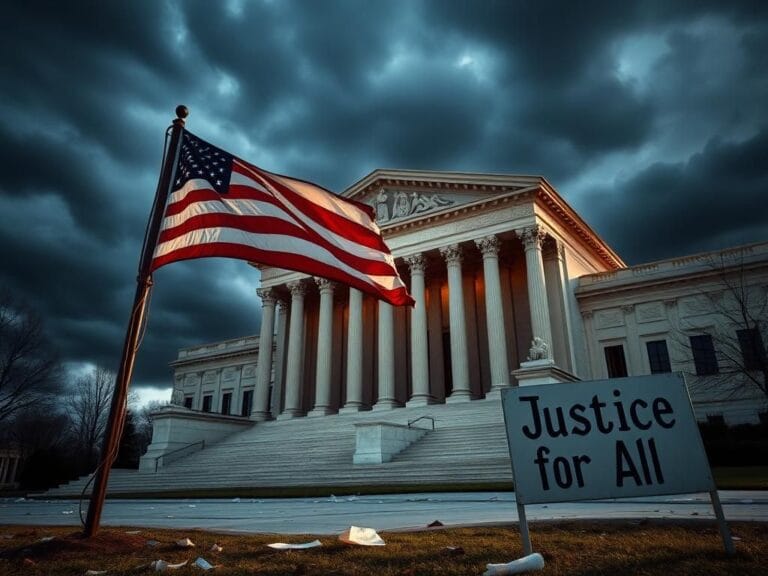 Flick International Dramatic scene outside a federal courthouse with a weathered American flag and storm clouds