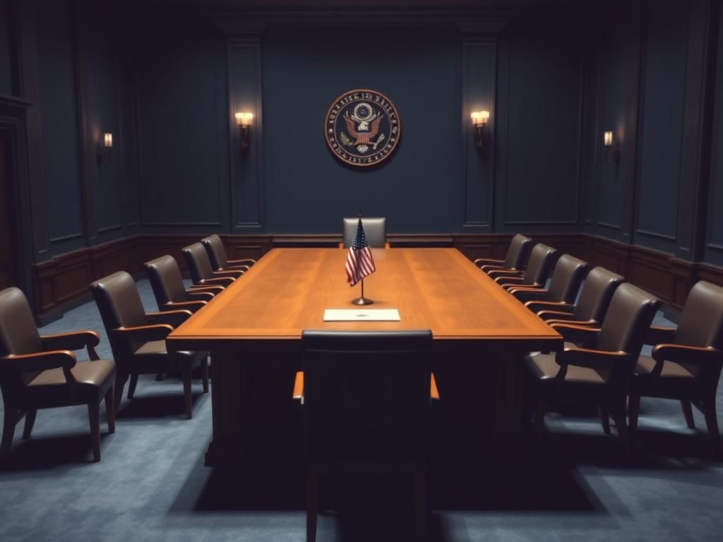 Flick International Empty congressional hearing room with oak table and high-backed chairs