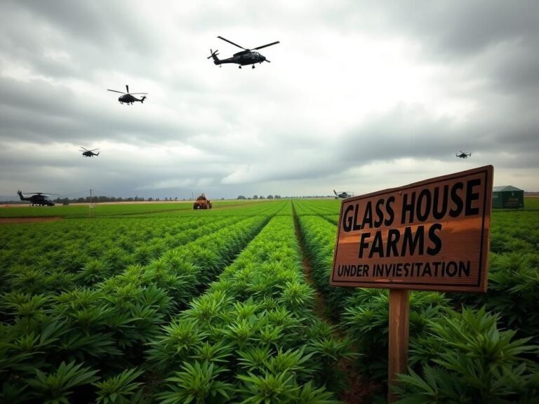 Flick International A sweeping view of Glass House Farms with rows of cannabis plants and a wooden sign about child labor violations.