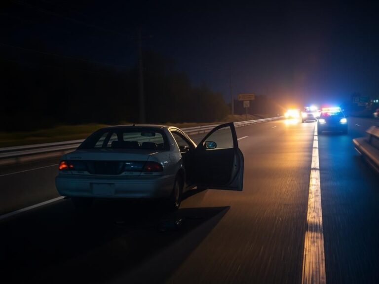 Flick International A nighttime highway scene with an abandoned car on the side of the road and police items scattered nearby.