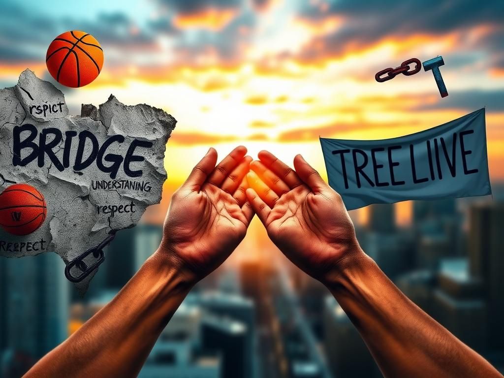 Flick International Hands reaching out towards each other against a cracked wall symbolizing division