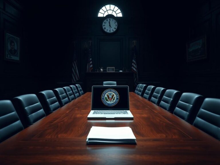 Flick International Dimly lit conference room with empty chairs and documents on a wooden table