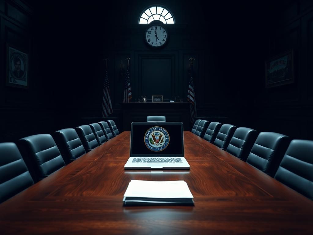 Flick International Dimly lit conference room with empty chairs and documents on a wooden table