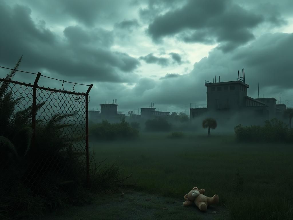 Flick International A dark and foreboding landscape with a rusted chain-link fence and overgrown vegetation symbolizing confinement and separation related to immigration enforcement.