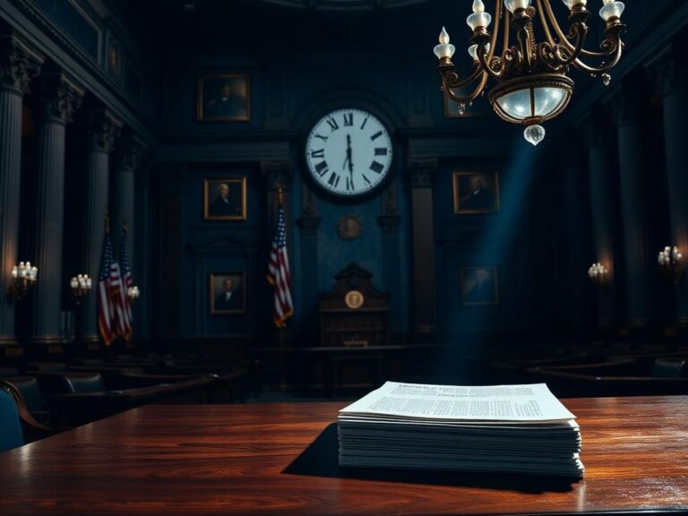 Flick International Darkly lit interior of a grand legislative chamber with a podium and American flags