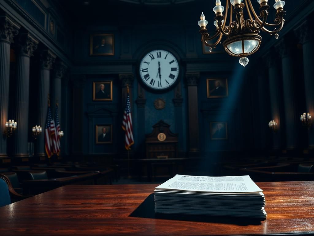 Flick International Darkly lit interior of a grand legislative chamber with a podium and American flags