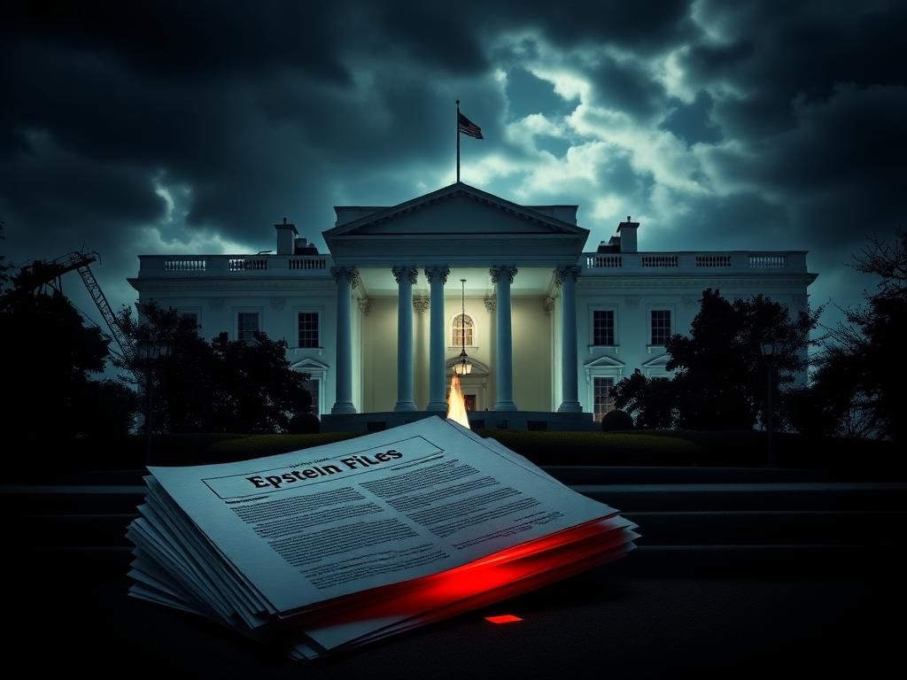 Flick International Dramatic scene of the White House facade with unsealed Epstein files