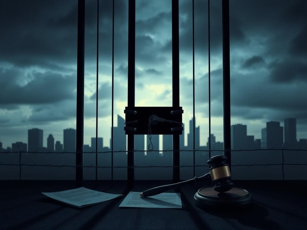 Flick International Prison bars casting long shadows symbolize justice and crime enforcement amidst an urban skyline