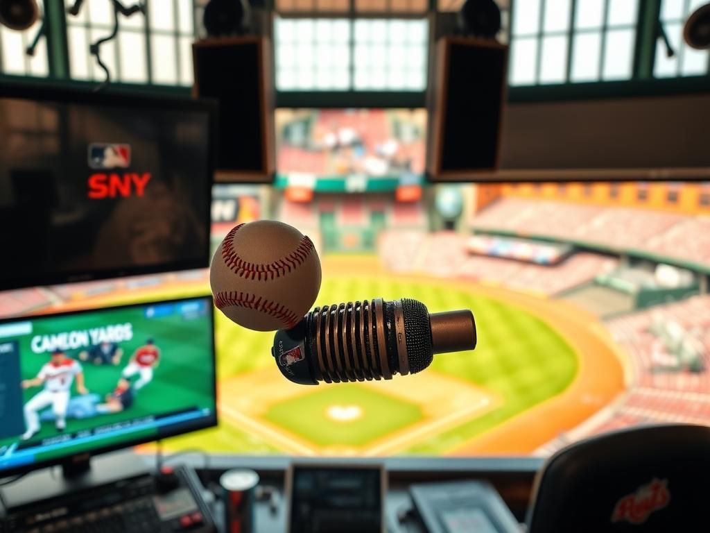 Flick International Keith Hernandez in the SNY broadcasting booth nearly dodges a foul ball