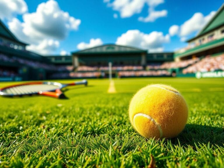 Flick International Close-up of a tennis ball mid-bounce on a Wimbledon grass court