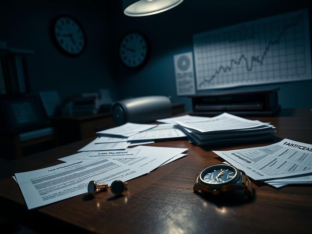 Flick International Darkened office environment with cluttered wooden desk featuring financial documents and luxury items.