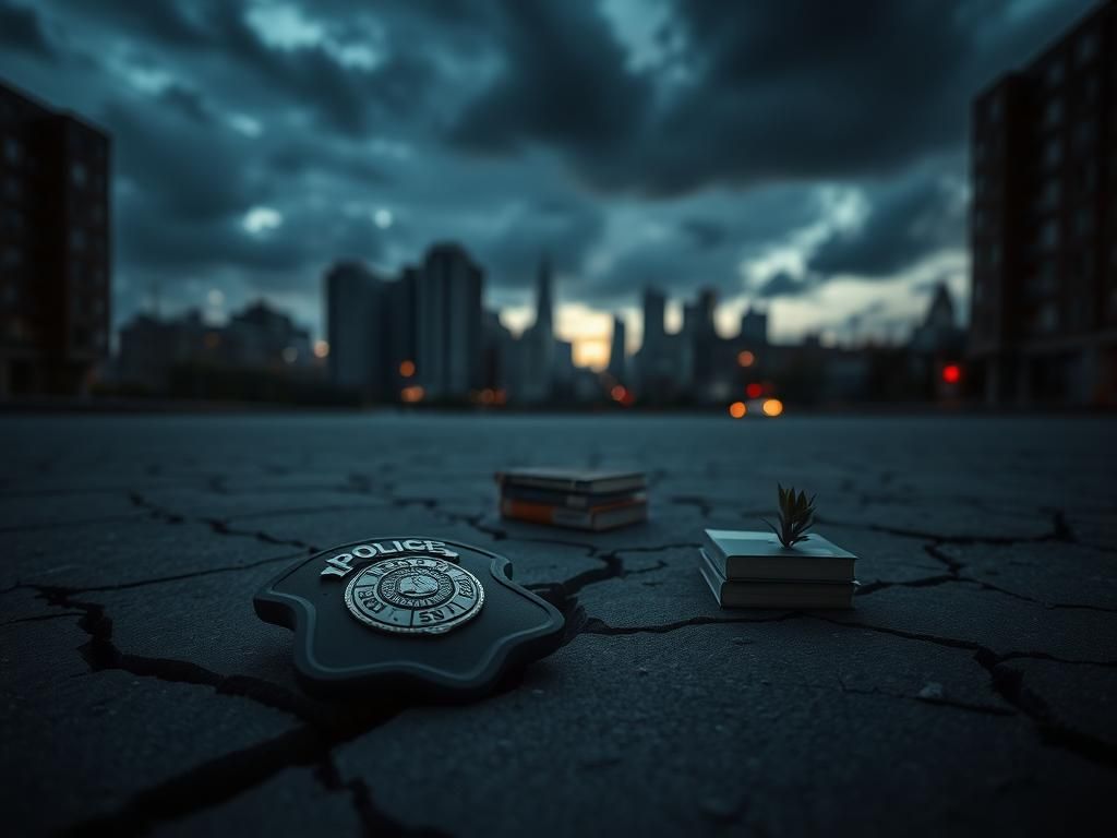 Flick International Cracked pavement and a deflated police badge in an urban setting representing societal strife and domestic violence concerns