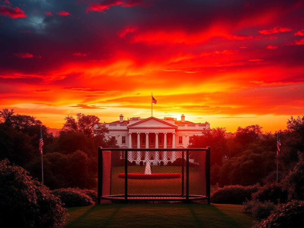 Flick International A dramatic octagon cage set against a backdrop of the White House at sunset