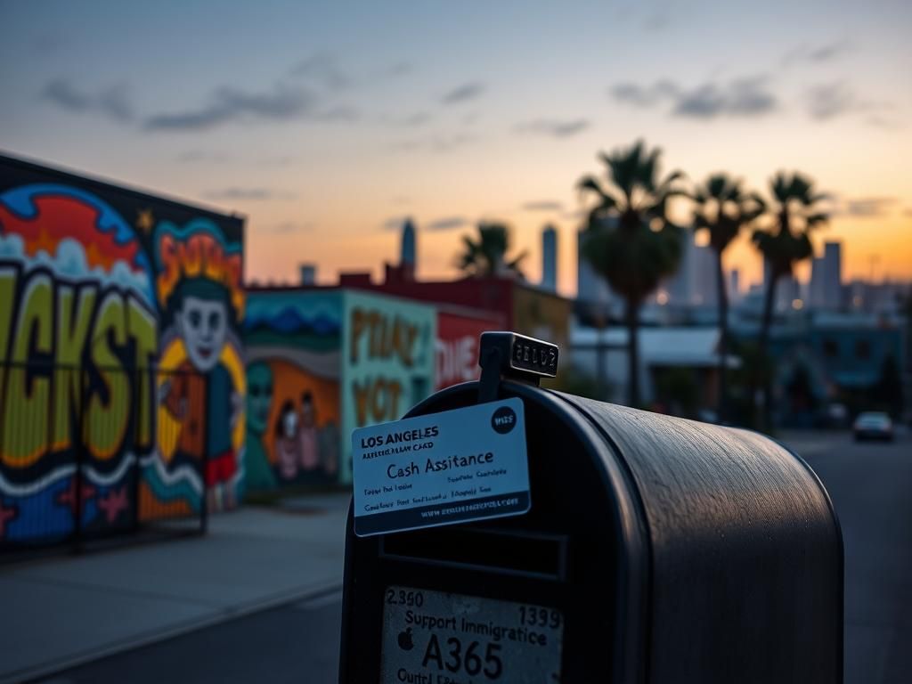 Flick International A cash assistance card on a mailbox in a vibrant Los Angeles neighborhood illustrating support for immigrants