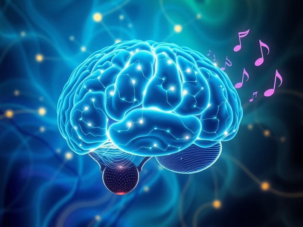 Flick International Abstract representation of a brain with glowing neural pathways and a high-tech brain-computer interface showing communication