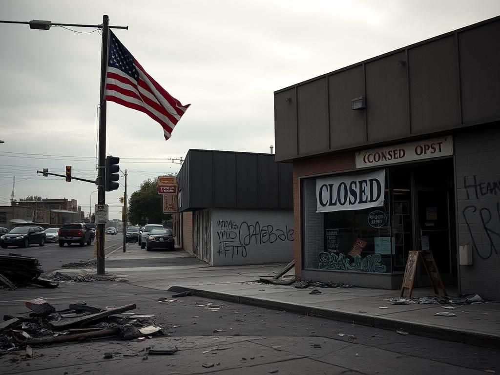 Flick International Somber urban landscape in Los Angeles post-riot showing a shattered storefront and debris